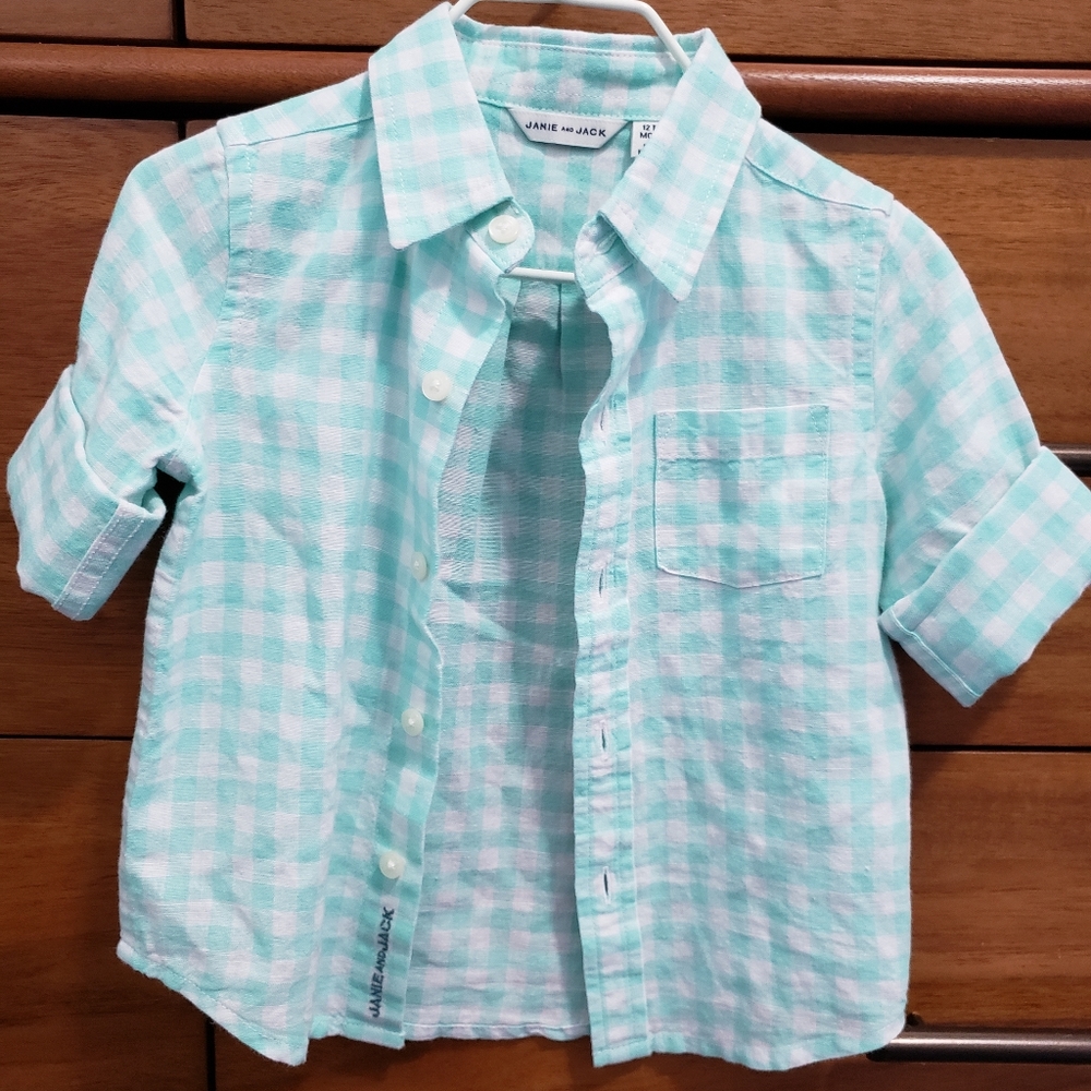 Janie and Jack mint green checkered botton down 12